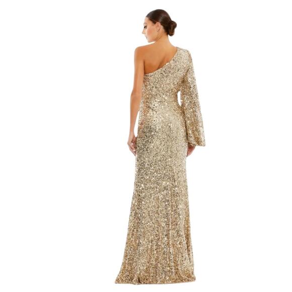 Mac Duggal 26717 Gold Sequin One Shoulder Bishop Sleeve Trumpet Gown Size 14 - Picture 3 of 7